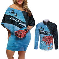 Personalised Snapper Fishing New Zealand Couples Matching Off Shoulder Short Dress and Long Sleeve Button Shirt Tamure Fish Hook Maori Pattern LT22 Blue - Polynesian Pride