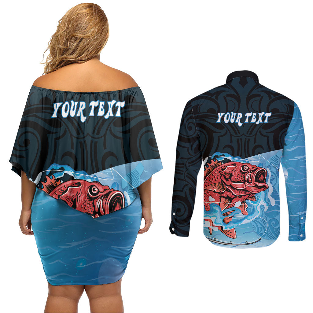Personalised Snapper Fishing New Zealand Couples Matching Off Shoulder Short Dress and Long Sleeve Button Shirt Tamure Fish Hook Maori Pattern LT22 - Polynesian Pride
