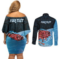 Personalised Snapper Fishing New Zealand Couples Matching Off Shoulder Short Dress and Long Sleeve Button Shirt Tamure Fish Hook Maori Pattern LT22 - Polynesian Pride