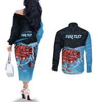 Personalised Snapper Fishing New Zealand Couples Matching Off The Shoulder Long Sleeve Dress and Long Sleeve Button Shirt Tamure Fish Hook Maori Pattern LT22 - Polynesian Pride