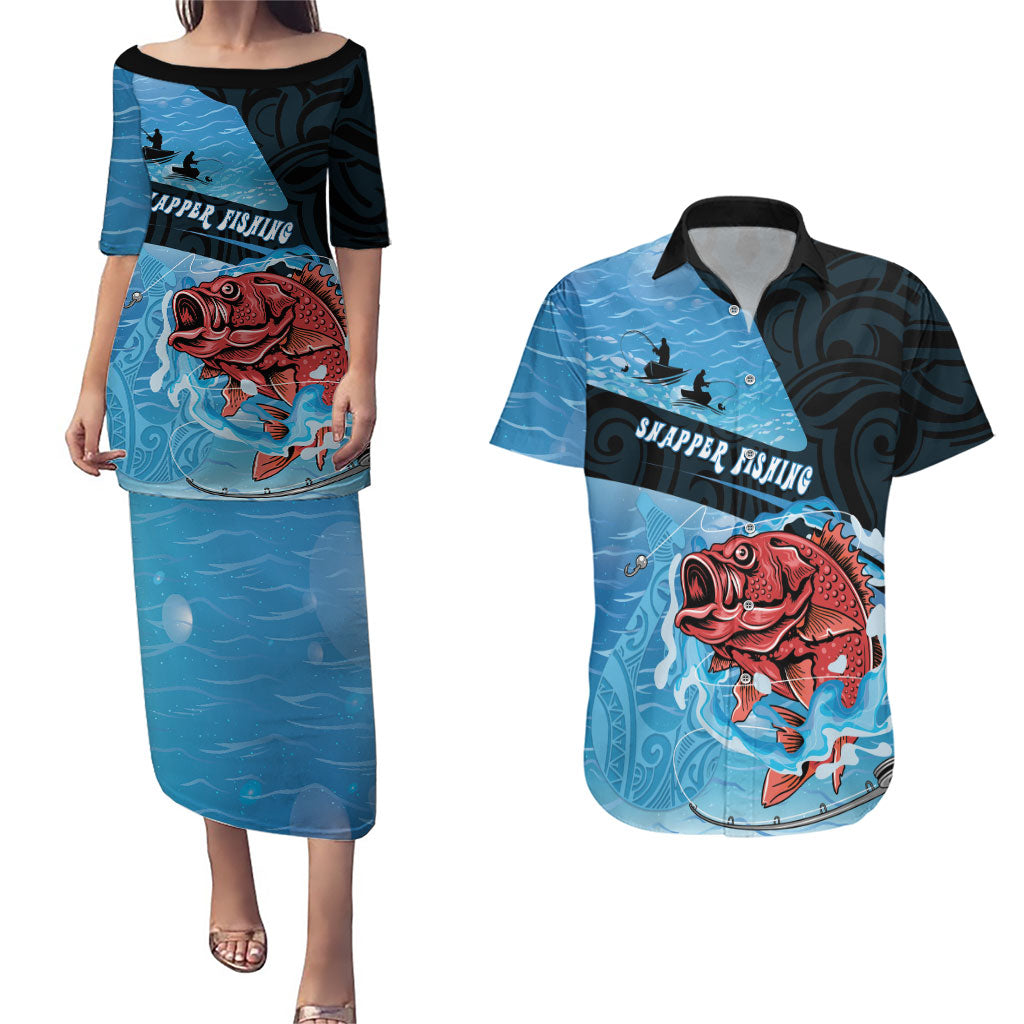 Personalised Snapper Fishing New Zealand Couples Matching Puletasi and Hawaiian Shirt Tamure Fish Hook Maori Pattern LT22 Blue - Polynesian Pride