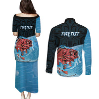 Personalised Snapper Fishing New Zealand Couples Matching Puletasi and Long Sleeve Button Shirt Tamure Fish Hook Maori Pattern LT22 - Polynesian Pride