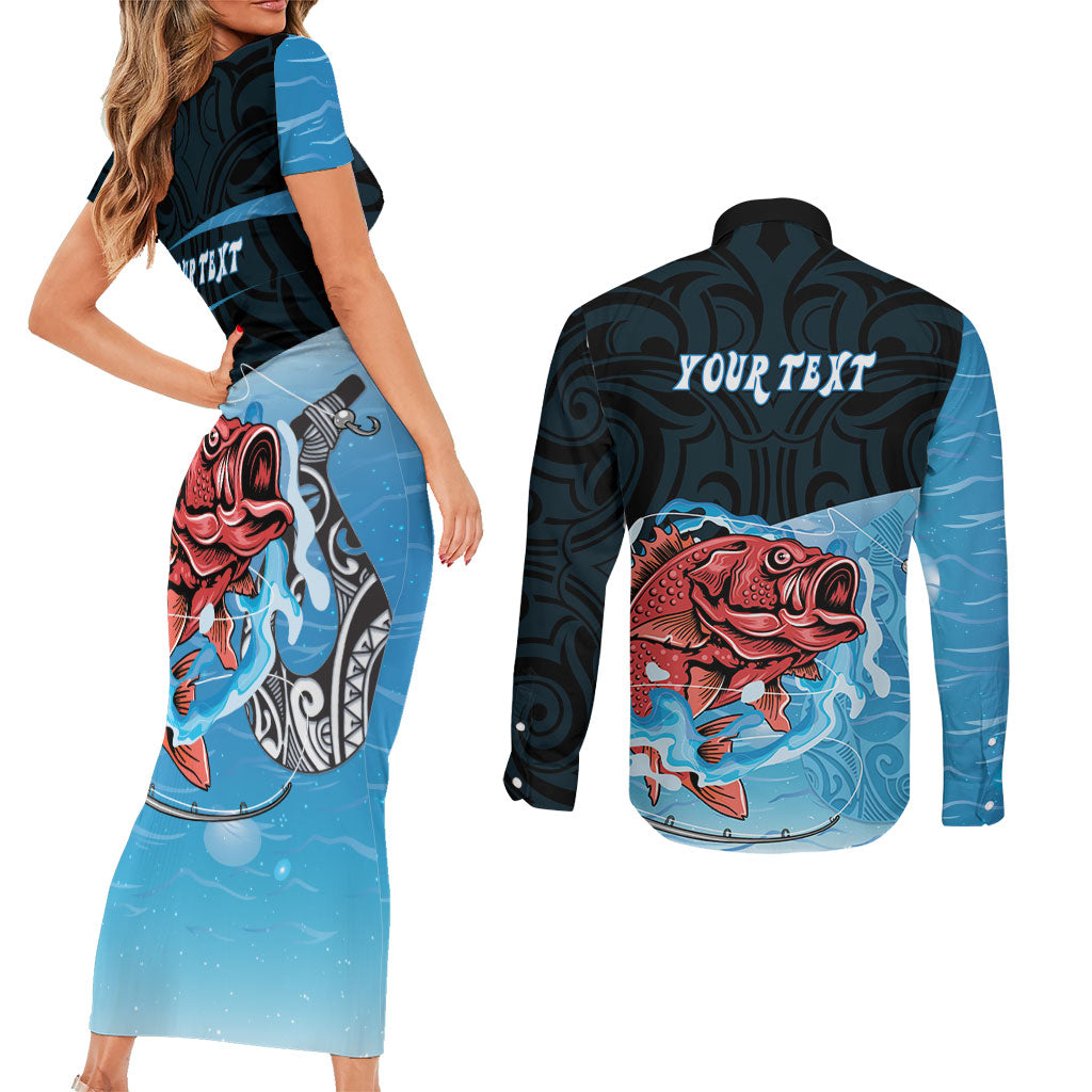 Personalised Snapper Fishing New Zealand Couples Matching Short Sleeve Bodycon Dress and Long Sleeve Button Shirt Tamure Fish Hook Maori Pattern LT22 - Polynesian Pride
