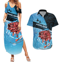 Personalised Snapper Fishing New Zealand Couples Matching Summer Maxi Dress and Hawaiian Shirt Tamure Fish Hook Maori Pattern LT22 Blue - Polynesian Pride