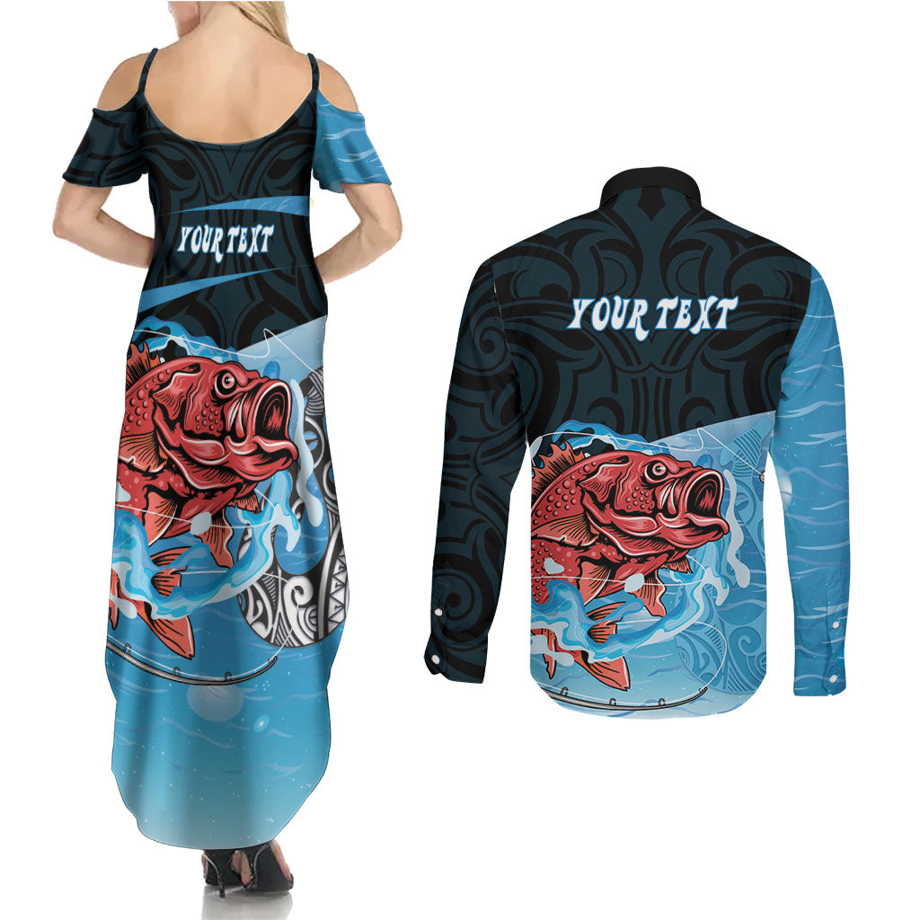 Personalised Snapper Fishing New Zealand Couples Matching Summer Maxi Dress and Long Sleeve Button Shirt Tamure Fish Hook Maori Pattern LT22 - Polynesian Pride