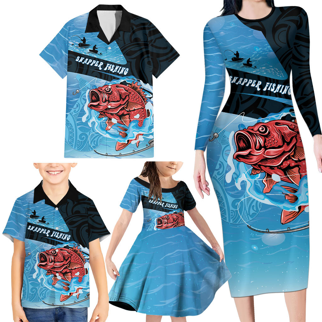 Personalised Snapper Fishing New Zealand Family Matching Long Sleeve Bodycon Dress and Hawaiian Shirt Tamure Fish Hook Maori Pattern LT22 - Polynesian Pride
