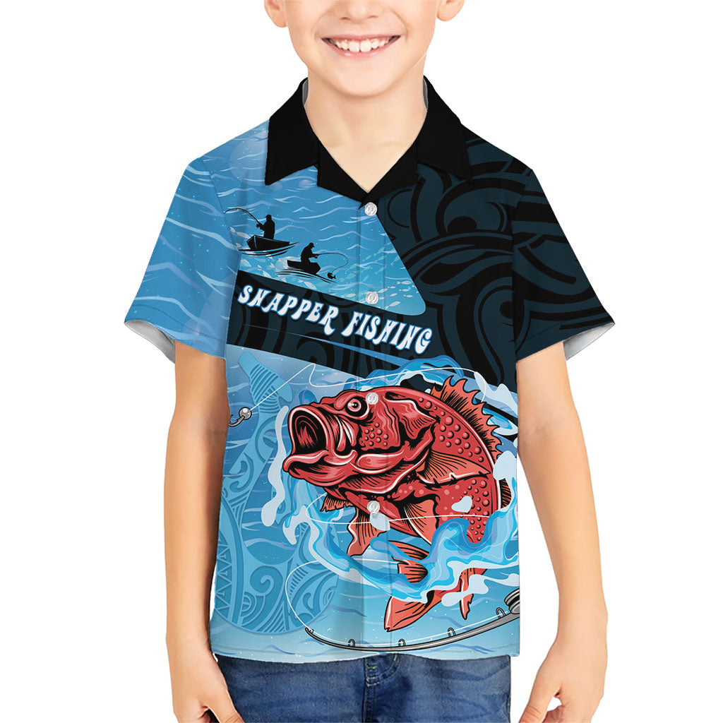 Personalised Snapper Fishing New Zealand Family Matching Long Sleeve Bodycon Dress and Hawaiian Shirt Tamure Fish Hook Maori Pattern LT22 Son's Shirt Blue - Polynesian Pride