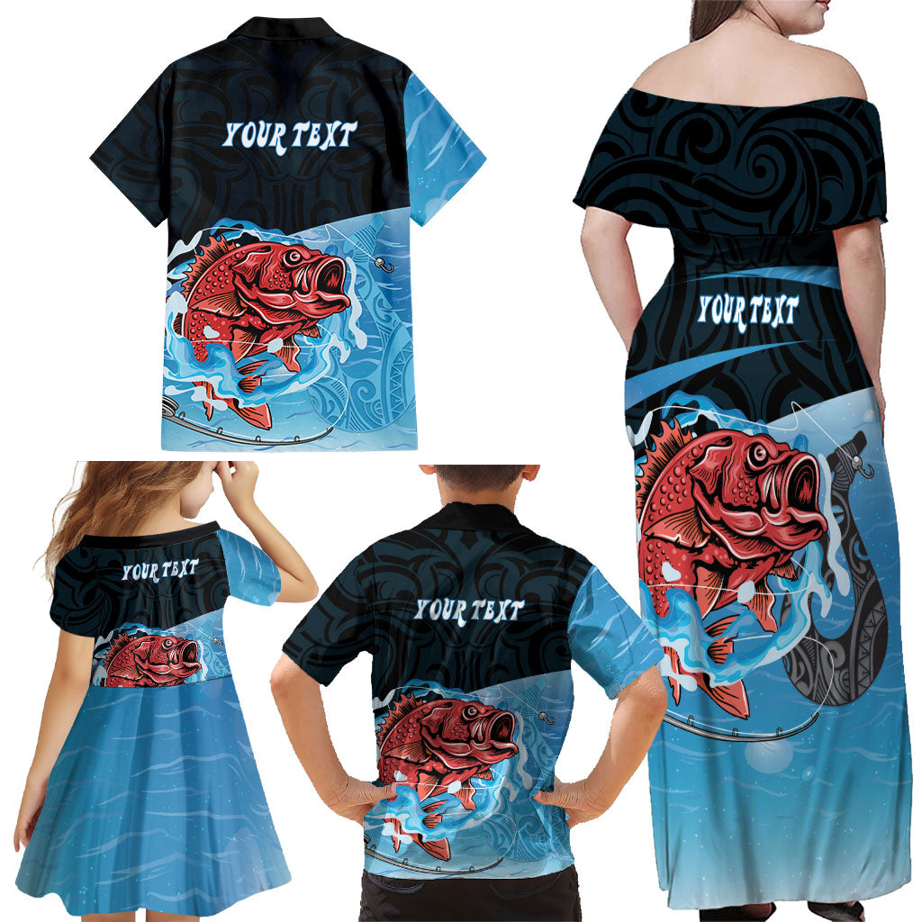 Personalised Snapper Fishing New Zealand Family Matching Off Shoulder Maxi Dress and Hawaiian Shirt Tamure Fish Hook Maori Pattern LT22 - Polynesian Pride