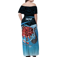 Personalised Snapper Fishing New Zealand Family Matching Off Shoulder Maxi Dress and Hawaiian Shirt Tamure Fish Hook Maori Pattern LT22 - Polynesian Pride