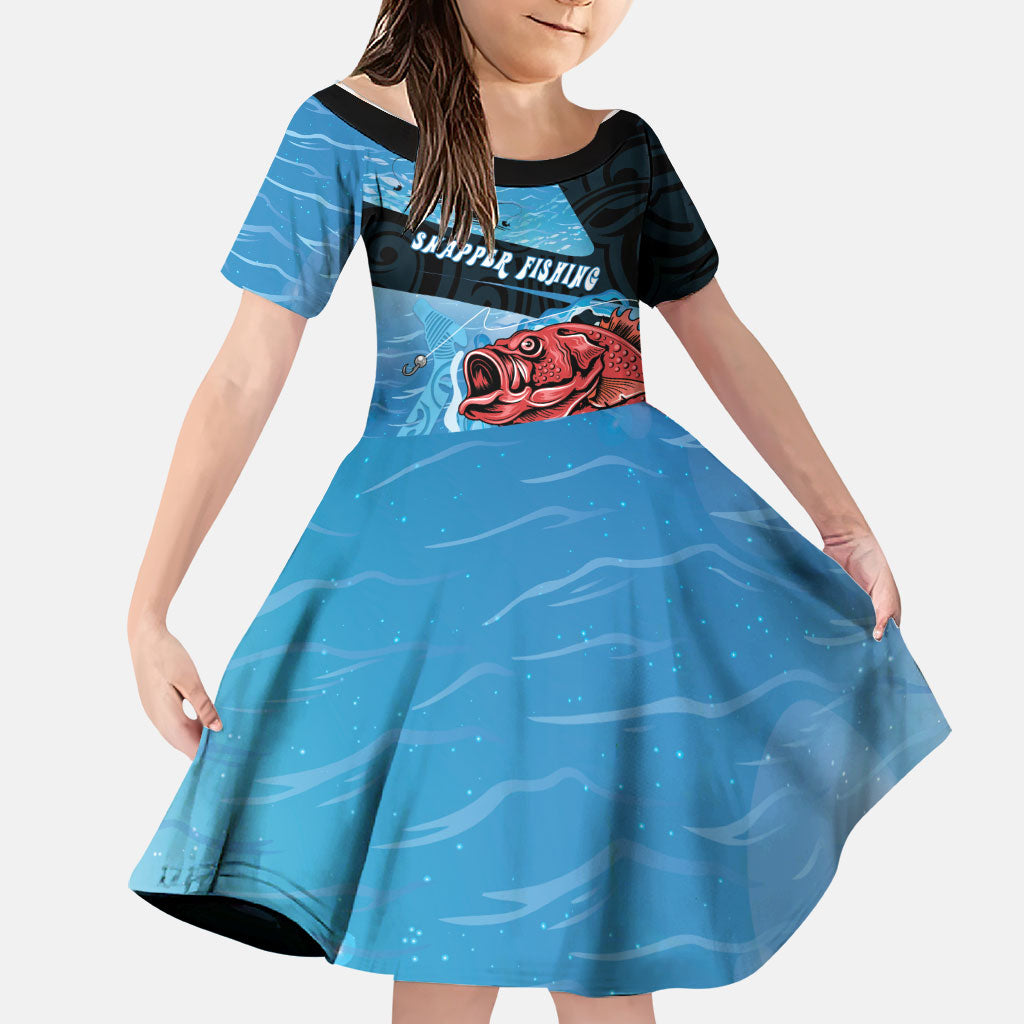 Personalised Snapper Fishing New Zealand Family Matching Short Sleeve Bodycon Dress and Hawaiian Shirt Tamure Fish Hook Maori Pattern LT22 Daughter's Dress Blue - Polynesian Pride