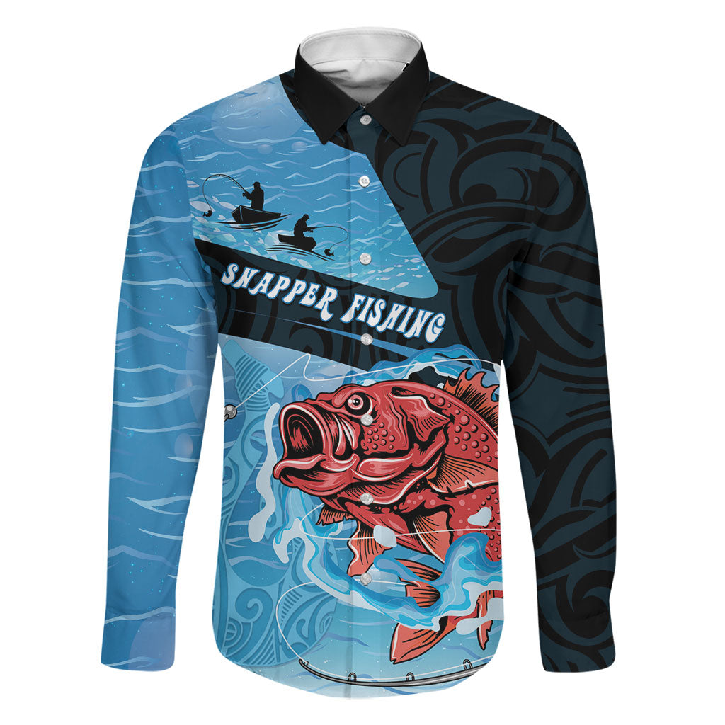 Personalised Snapper Fishing New Zealand Family Matching Summer Maxi Dress and Hawaiian Shirt Tamure Fish Hook Maori Pattern LT22 Dad's Shirt - Long Sleeve Blue - Polynesian Pride