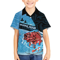 Personalised Snapper Fishing New Zealand Family Matching Summer Maxi Dress and Hawaiian Shirt Tamure Fish Hook Maori Pattern LT22 Son's Shirt Blue - Polynesian Pride