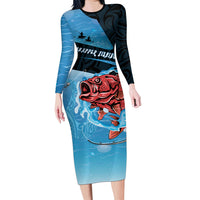 Personalised Snapper Fishing New Zealand Long Sleeve Bodycon Dress Tamure Fish Hook Maori Pattern LT22 Long Dress Blue - Polynesian Pride