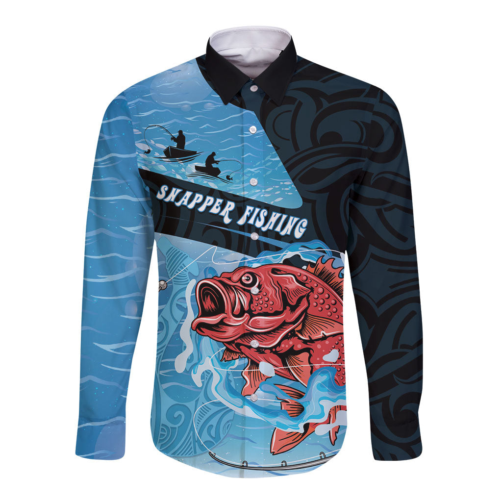 Personalised Snapper Fishing New Zealand Long Sleeve Button Shirt Tamure Fish Hook Maori Pattern LT22 Unisex Blue - Polynesian Pride