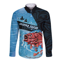 Personalised Snapper Fishing New Zealand Long Sleeve Button Shirt Tamure Fish Hook Maori Pattern LT22 Unisex Blue - Polynesian Pride