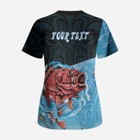 Personalised Snapper Fishing New Zealand Scrub Top Tamure Fish Hook Maori Pattern
