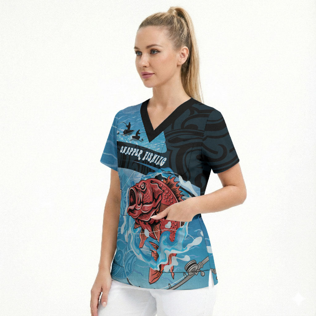 Personalised Snapper Fishing New Zealand Scrub Top Tamure Fish Hook Maori Pattern