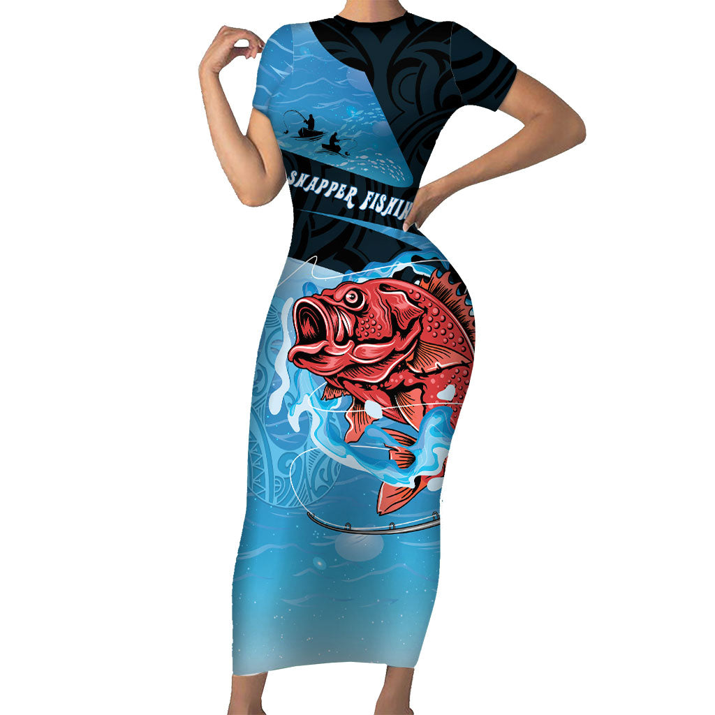 Personalised Snapper Fishing New Zealand Short Sleeve Bodycon Dress Tamure Fish Hook Maori Pattern LT22 Long Dress Blue - Polynesian Pride