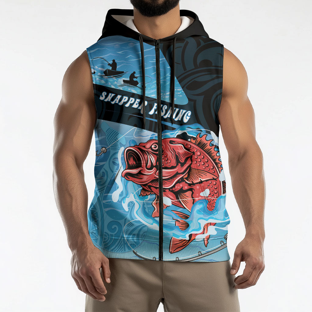 Personalised Snapper Fishing New Zealand Sleeveless Zip Hoodie Tamure Fish Hook Maori Pattern