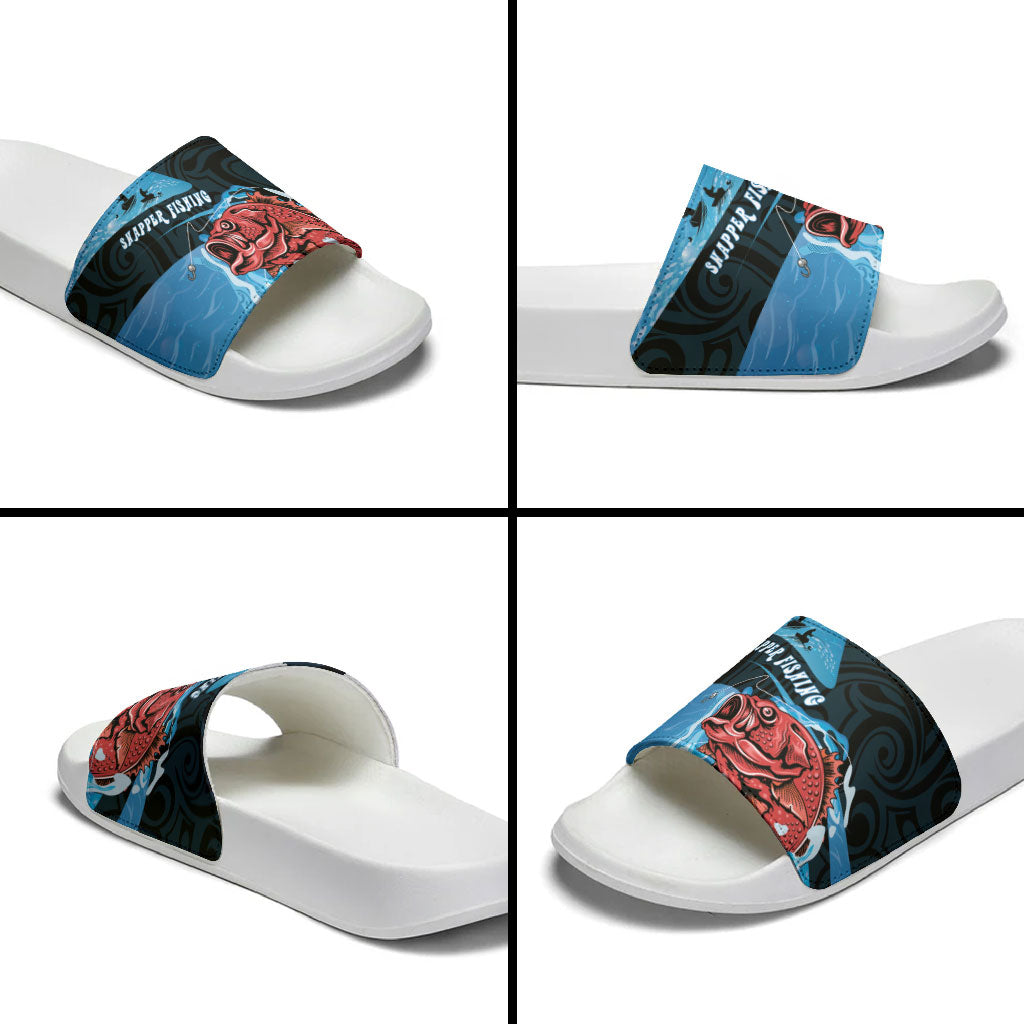 Snapper Fishing New Zealand Slide Sandals Tamure Fish Hook Maori Pattern