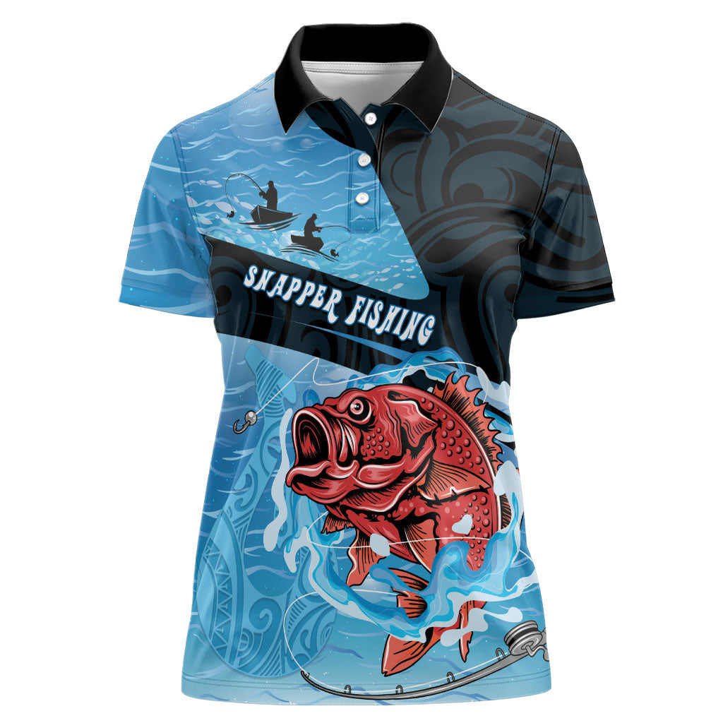 Personalised Snapper Fishing New Zealand Women Polo Shirt Tamure Fish Hook Maori Pattern LT22 Female Blue - Polynesian Pride