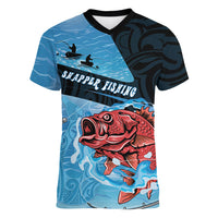 Personalised Snapper Fishing New Zealand Women V-Neck T-Shirt Tamure Fish Hook Maori Pattern LT22 Female Blue - Polynesian Pride