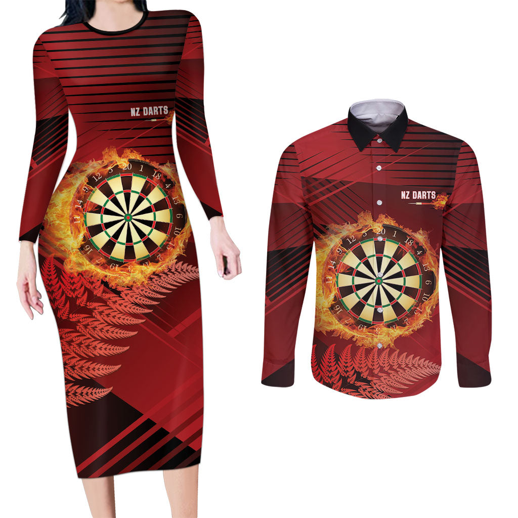 Personalised Darts New Zealand Couples Matching Long Sleeve Bodycon Dress and Long Sleeve Button Shirt Silver Fern Red Color LT22 Red - Polynesian Pride