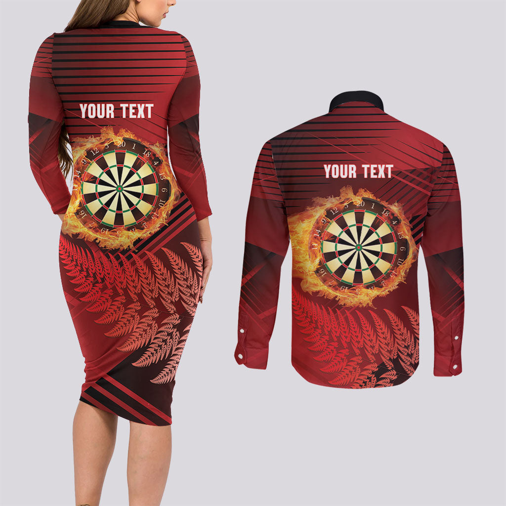 Personalised Darts New Zealand Couples Matching Long Sleeve Bodycon Dress and Long Sleeve Button Shirt Silver Fern Red Color LT22 - Polynesian Pride