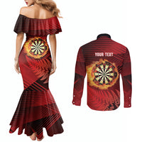 Personalised Darts New Zealand Couples Matching Mermaid Dress and Long Sleeve Button Shirt Silver Fern Red Color LT22 - Polynesian Pride