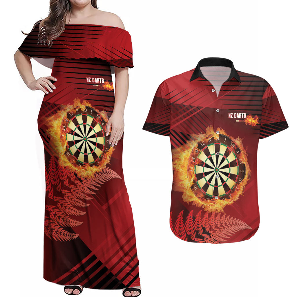 Personalised Darts New Zealand Couples Matching Off Shoulder Maxi Dress and Hawaiian Shirt Silver Fern Red Color LT22 Red - Polynesian Pride