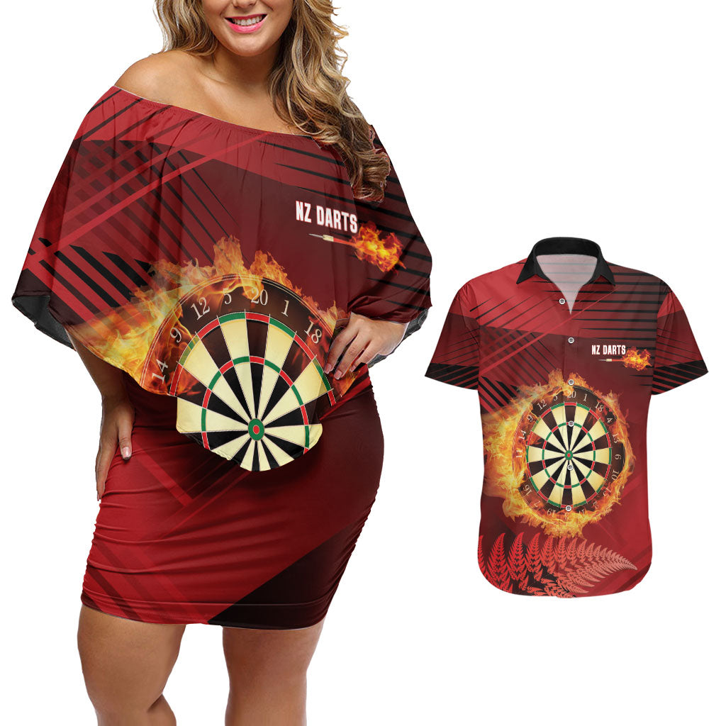 Personalised Darts New Zealand Couples Matching Off Shoulder Short Dress and Hawaiian Shirt Silver Fern Red Color LT22 Red - Polynesian Pride