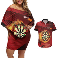 Personalised Darts New Zealand Couples Matching Off Shoulder Short Dress and Hawaiian Shirt Silver Fern Red Color LT22 Red - Polynesian Pride