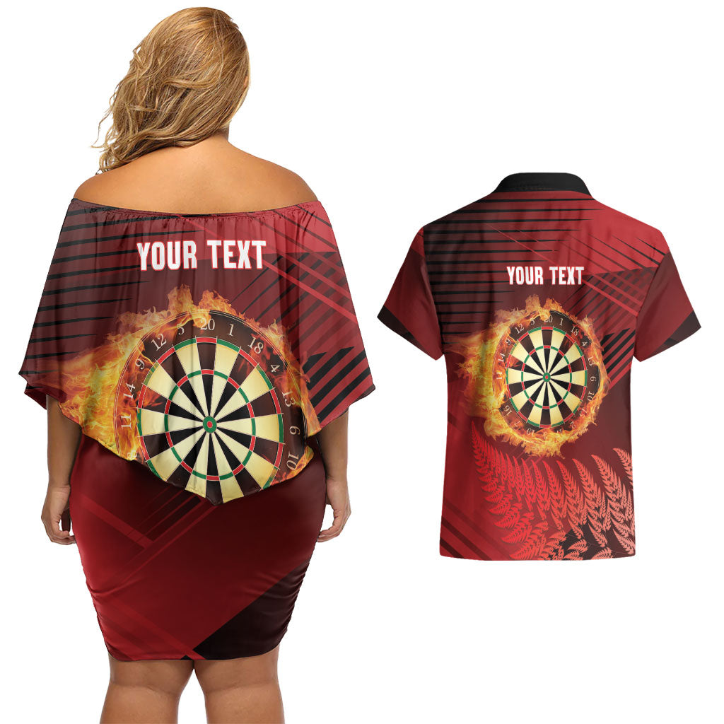 Personalised Darts New Zealand Couples Matching Off Shoulder Short Dress and Hawaiian Shirt Silver Fern Red Color LT22 - Polynesian Pride