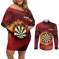 Personalised Darts New Zealand Couples Matching Off Shoulder Short Dress and Long Sleeve Button Shirt Silver Fern Red Color LT22 Red - Polynesian Pride