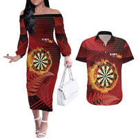Personalised Darts New Zealand Couples Matching Off The Shoulder Long Sleeve Dress and Hawaiian Shirt Silver Fern Red Color LT22 Red - Polynesian Pride