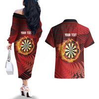 Personalised Darts New Zealand Couples Matching Off The Shoulder Long Sleeve Dress and Hawaiian Shirt Silver Fern Red Color LT22 - Polynesian Pride