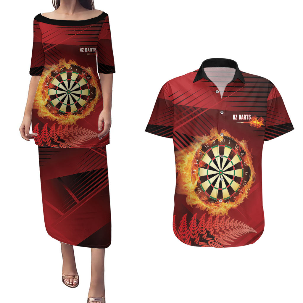 Personalised Darts New Zealand Couples Matching Puletasi and Hawaiian Shirt Silver Fern Red Color LT22 Red - Polynesian Pride