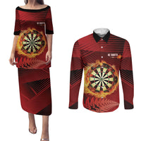 Personalised Darts New Zealand Couples Matching Puletasi and Long Sleeve Button Shirt Silver Fern Red Color LT22 Red - Polynesian Pride