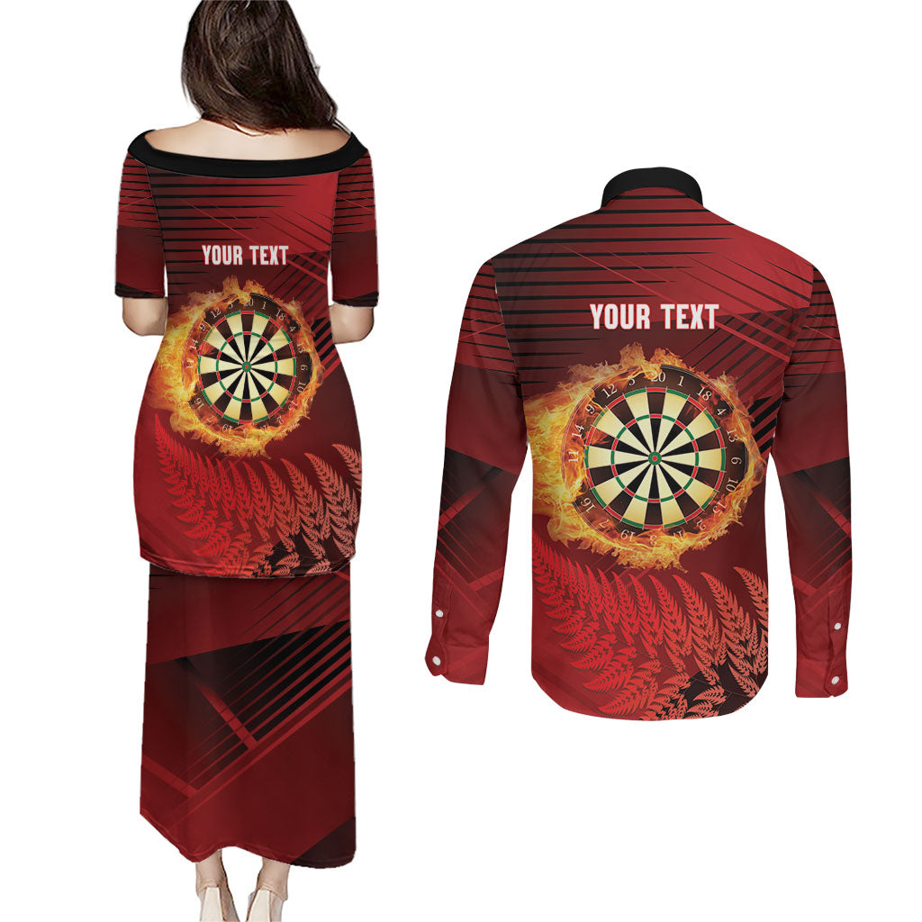 Personalised Darts New Zealand Couples Matching Puletasi and Long Sleeve Button Shirt Silver Fern Red Color LT22 - Polynesian Pride