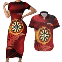 Personalised Darts New Zealand Couples Matching Short Sleeve Bodycon Dress and Hawaiian Shirt Silver Fern Red Color LT22 Red - Polynesian Pride