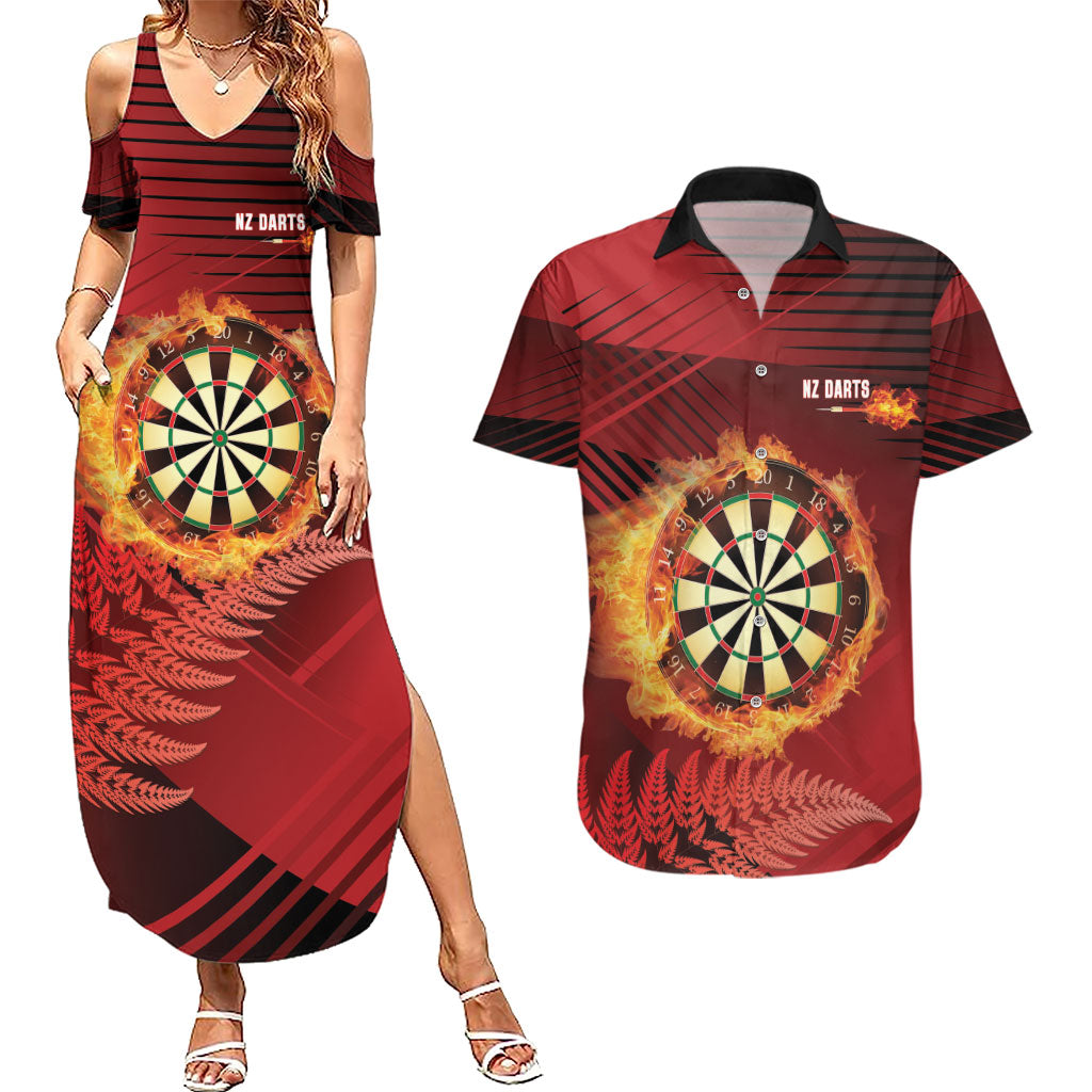 Personalised Darts New Zealand Couples Matching Summer Maxi Dress and Hawaiian Shirt Silver Fern Red Color