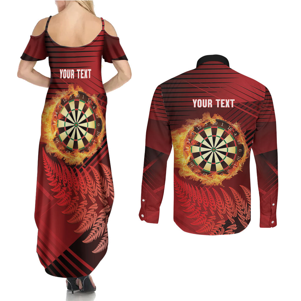 Personalised Darts New Zealand Couples Matching Summer Maxi Dress and Long Sleeve Button Shirt Silver Fern Red Color LT22 - Polynesian Pride