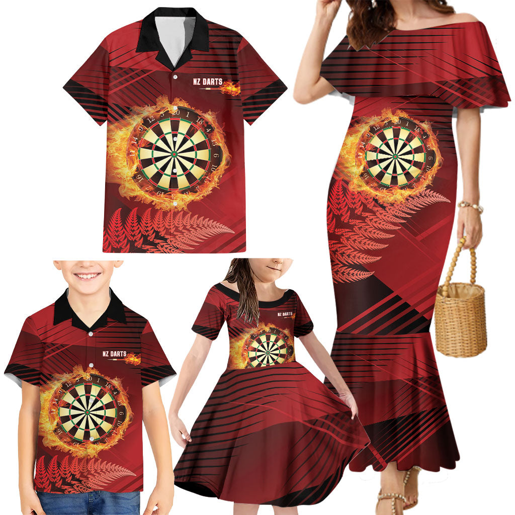 Personalised Darts New Zealand Family Matching Mermaid Dress and Hawaiian Shirt Silver Fern Red Color LT22 - Polynesian Pride