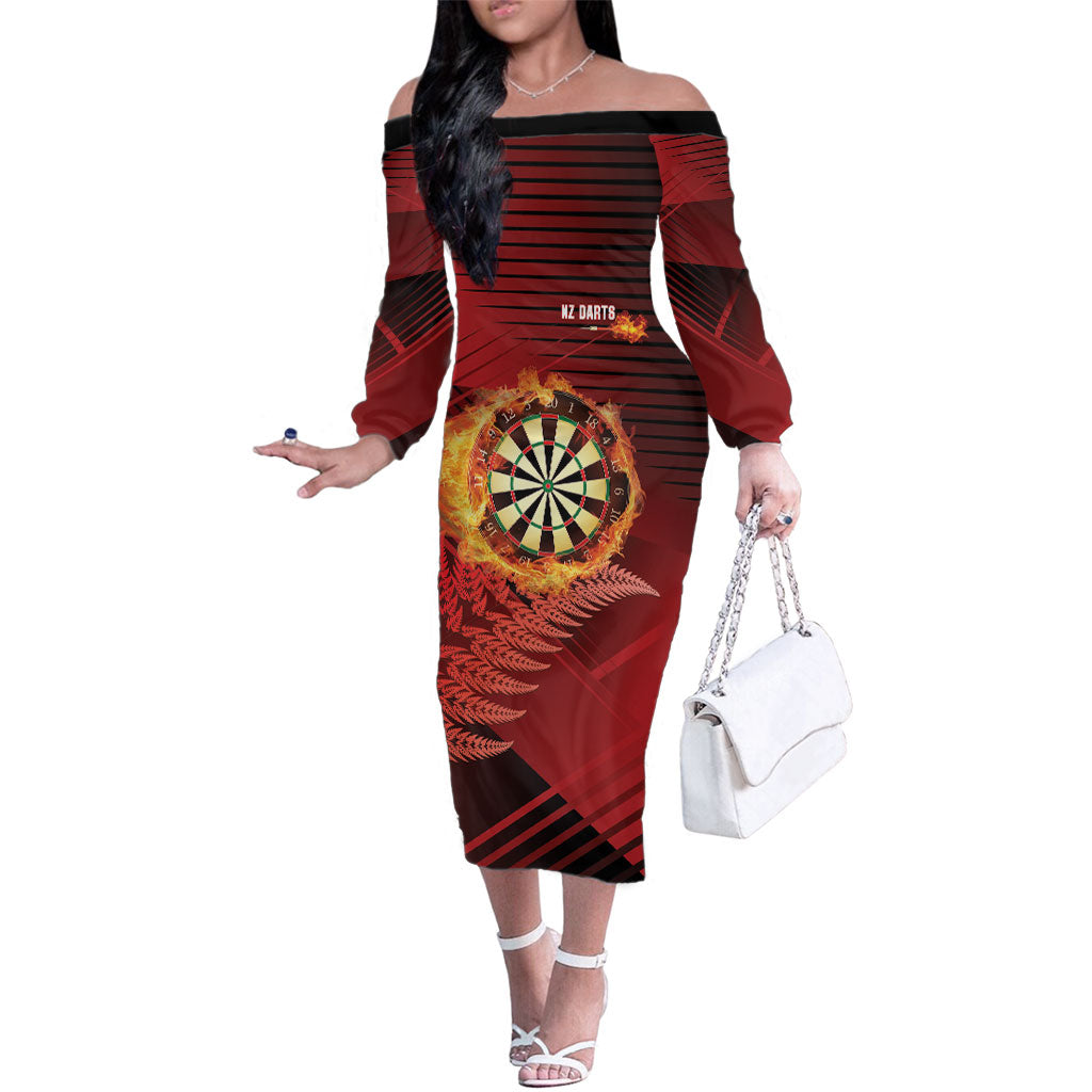 Personalised Darts New Zealand Family Matching Off The Shoulder Long Sleeve Dress and Hawaiian Shirt Silver Fern Red Color LT22 Mom's Dress Red - Polynesian Pride