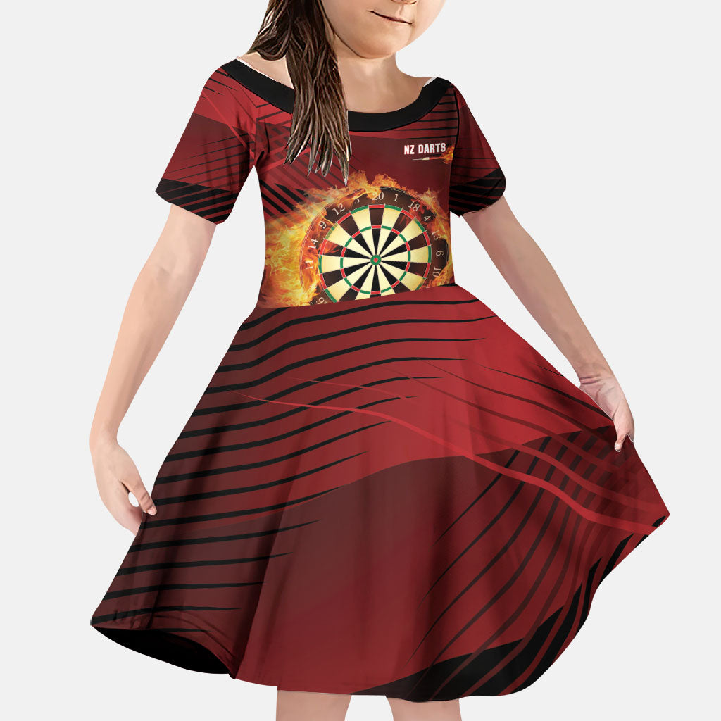 Personalised Darts New Zealand Family Matching Summer Maxi Dress and Hawaiian Shirt Silver Fern Red Color LT22 Daughter's Dress Red - Polynesian Pride