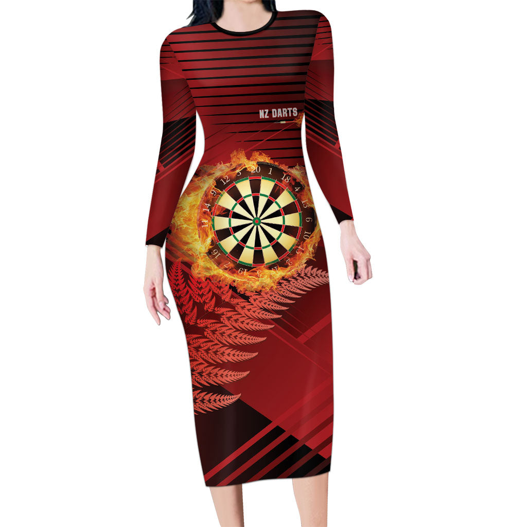 Personalised Darts New Zealand Long Sleeve Bodycon Dress Silver Fern Red Color LT22 Long Dress Red - Polynesian Pride