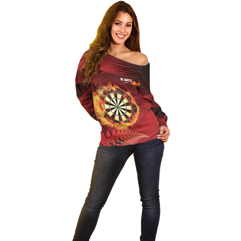 Personalised Darts New Zealand Off Shoulder Sweater Silver Fern Red Color