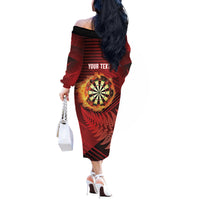 Personalised Darts New Zealand Off The Shoulder Long Sleeve Dress Silver Fern Red Color LT22 - Polynesian Pride