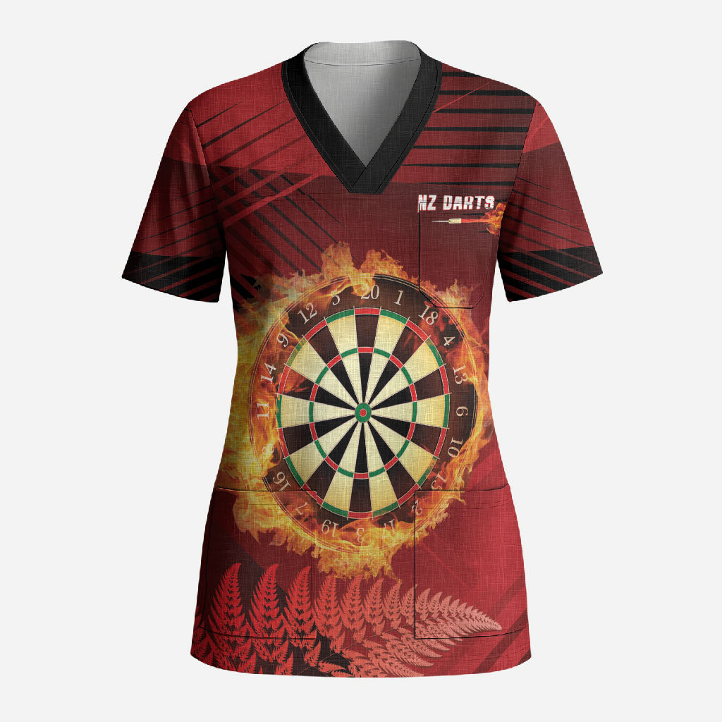 Personalised Darts New Zealand Scrub Top Silver Fern Red Color