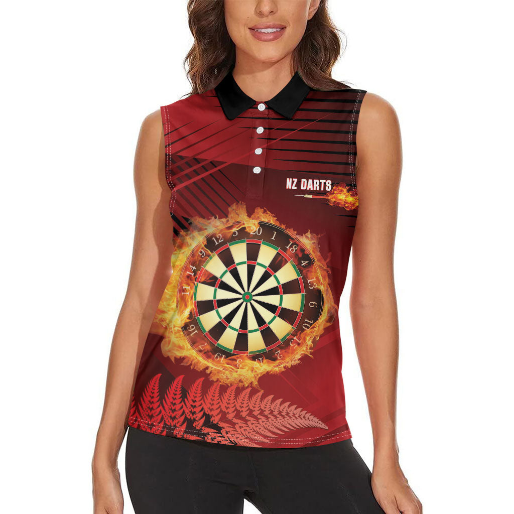 Personalised Darts New Zealand Women Sleeveless Polo Shirt Silver Fern Red Color LT22 - Polynesian Pride